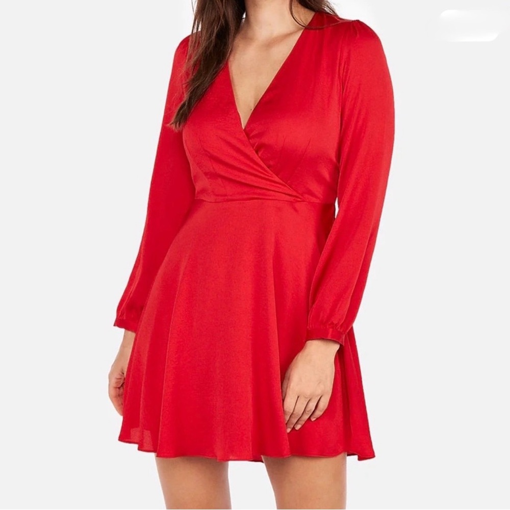 Express Women's Long Sleeve Surplice Fit And Flare Red Dress